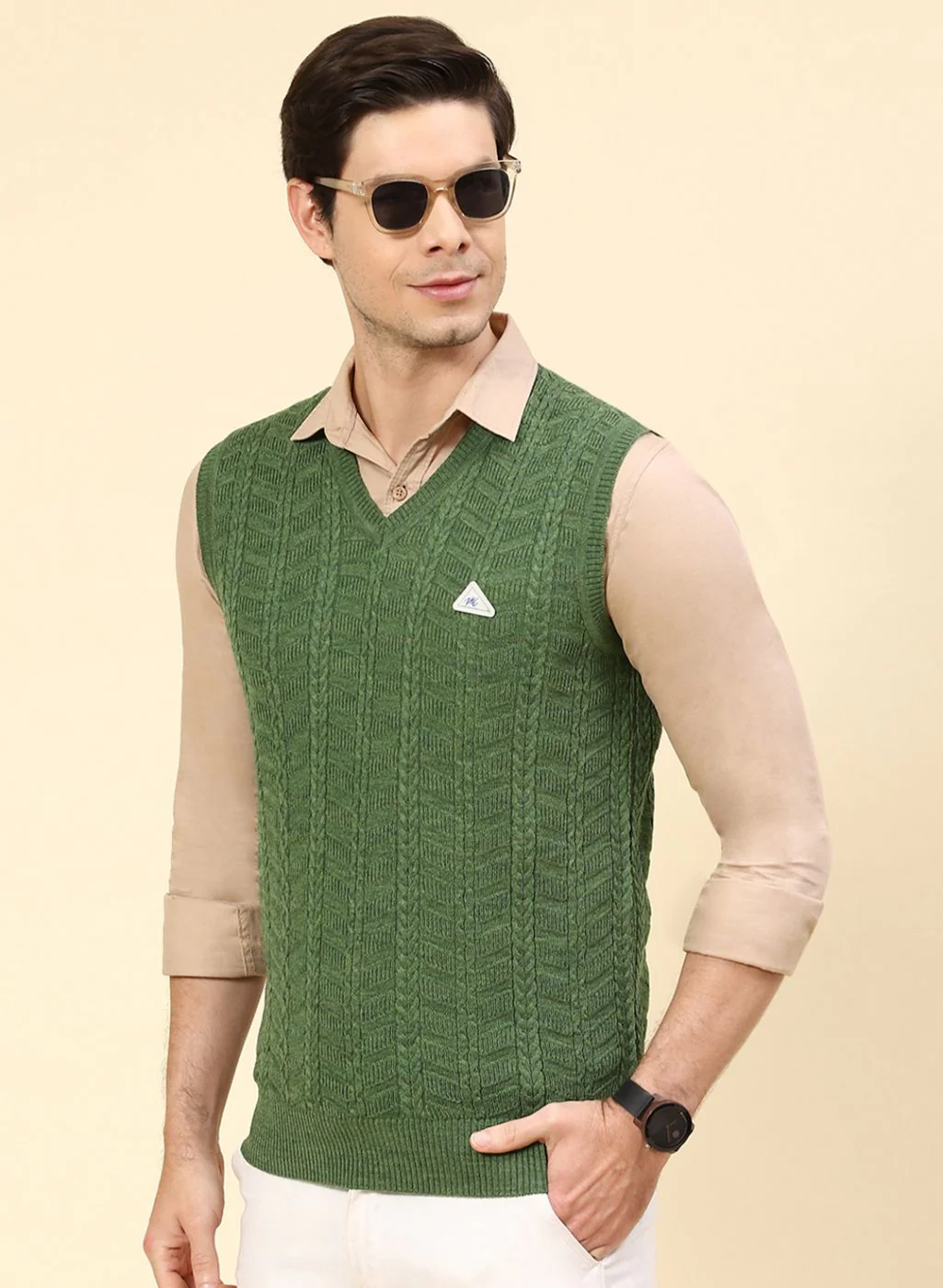 Men Green Self Design Wool blend Sweater - Image 3