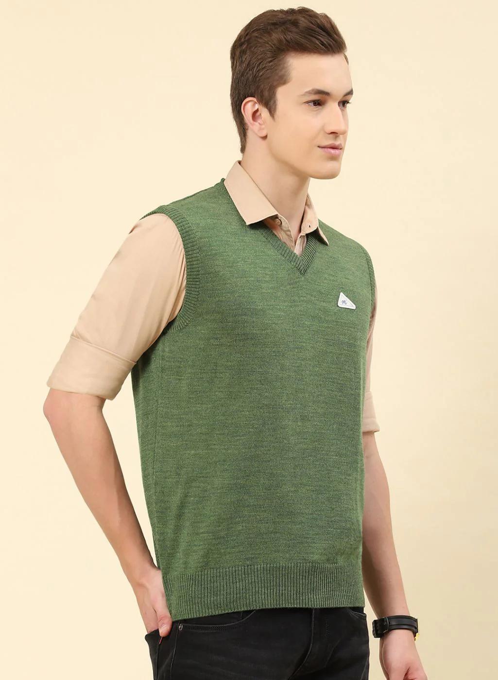 Men Green Solid Blend wool Sweater - Image 4