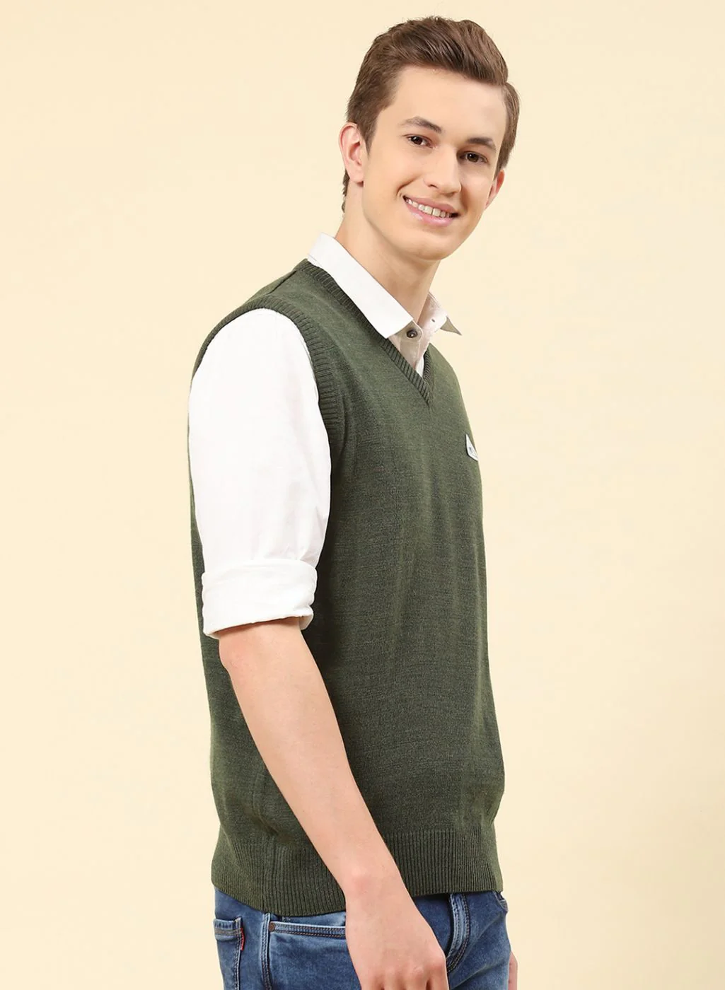 Men Green Solid Blend wool Sweater - Image 4