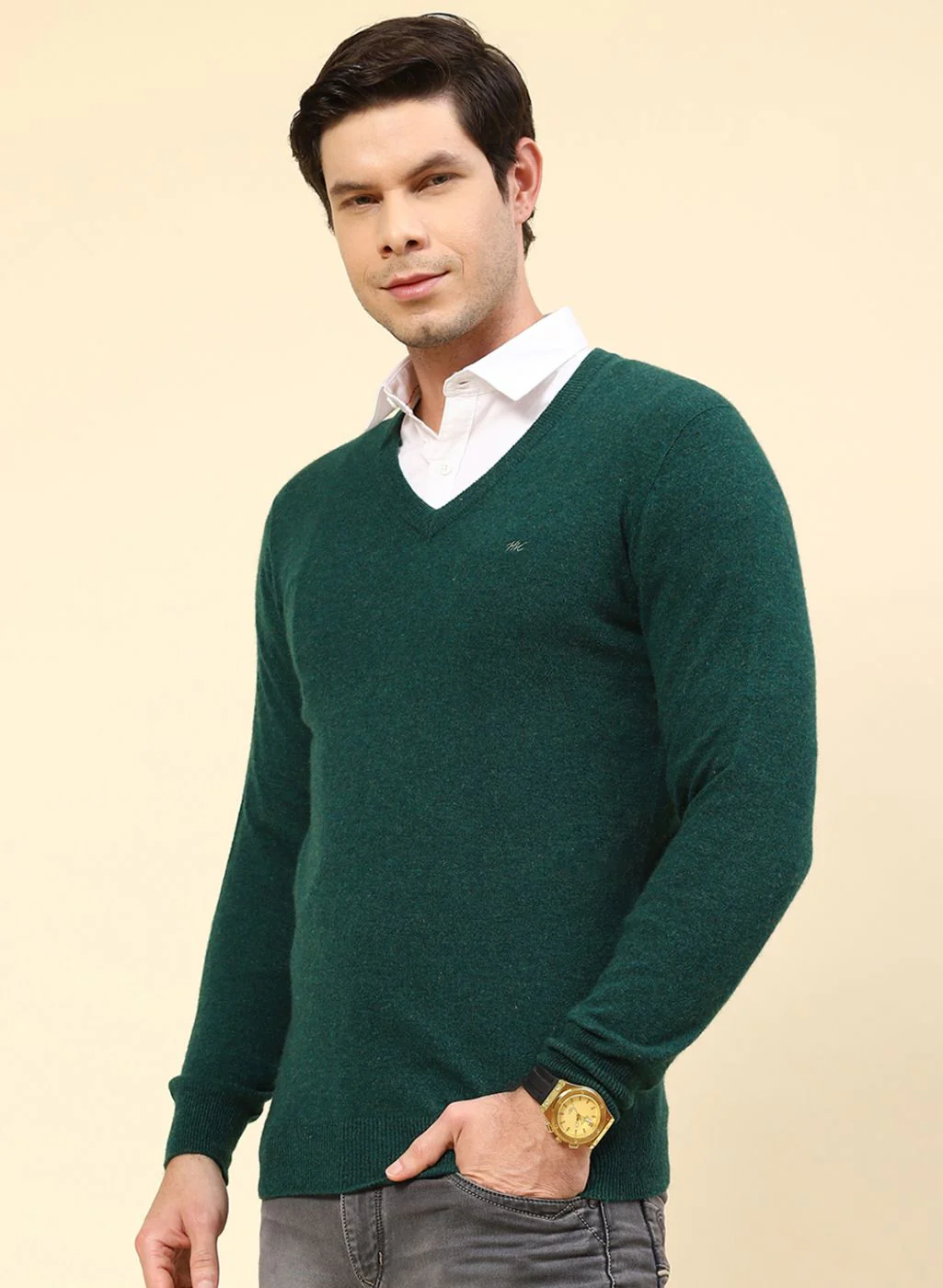 Men Green Solid Lamb wool Pullover - Image 3