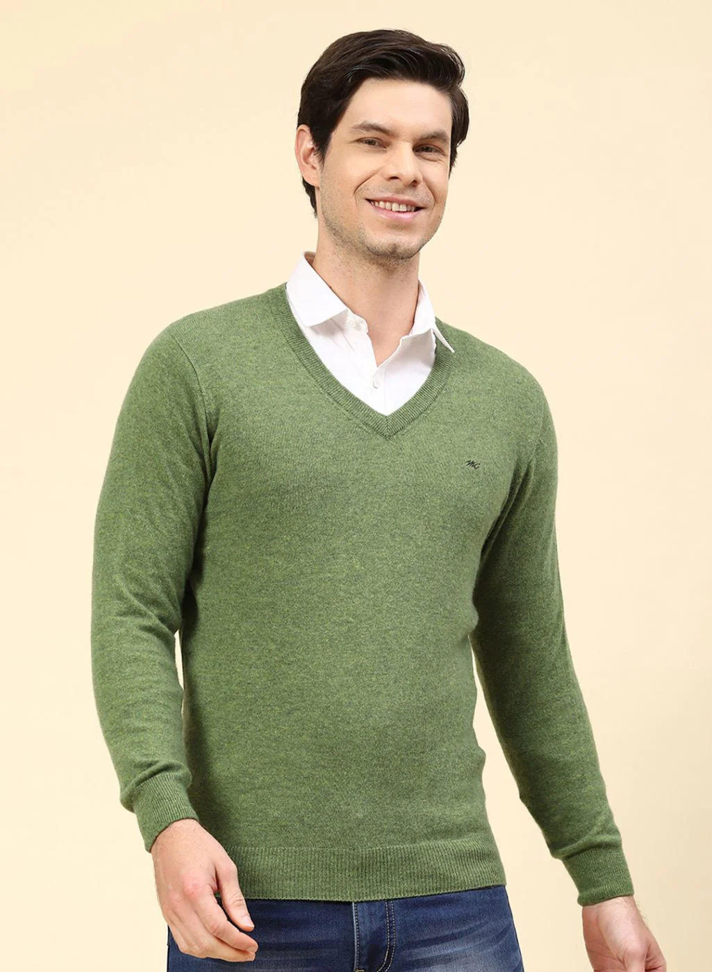 Men Green Solid Lamb wool Pullover - Image 2