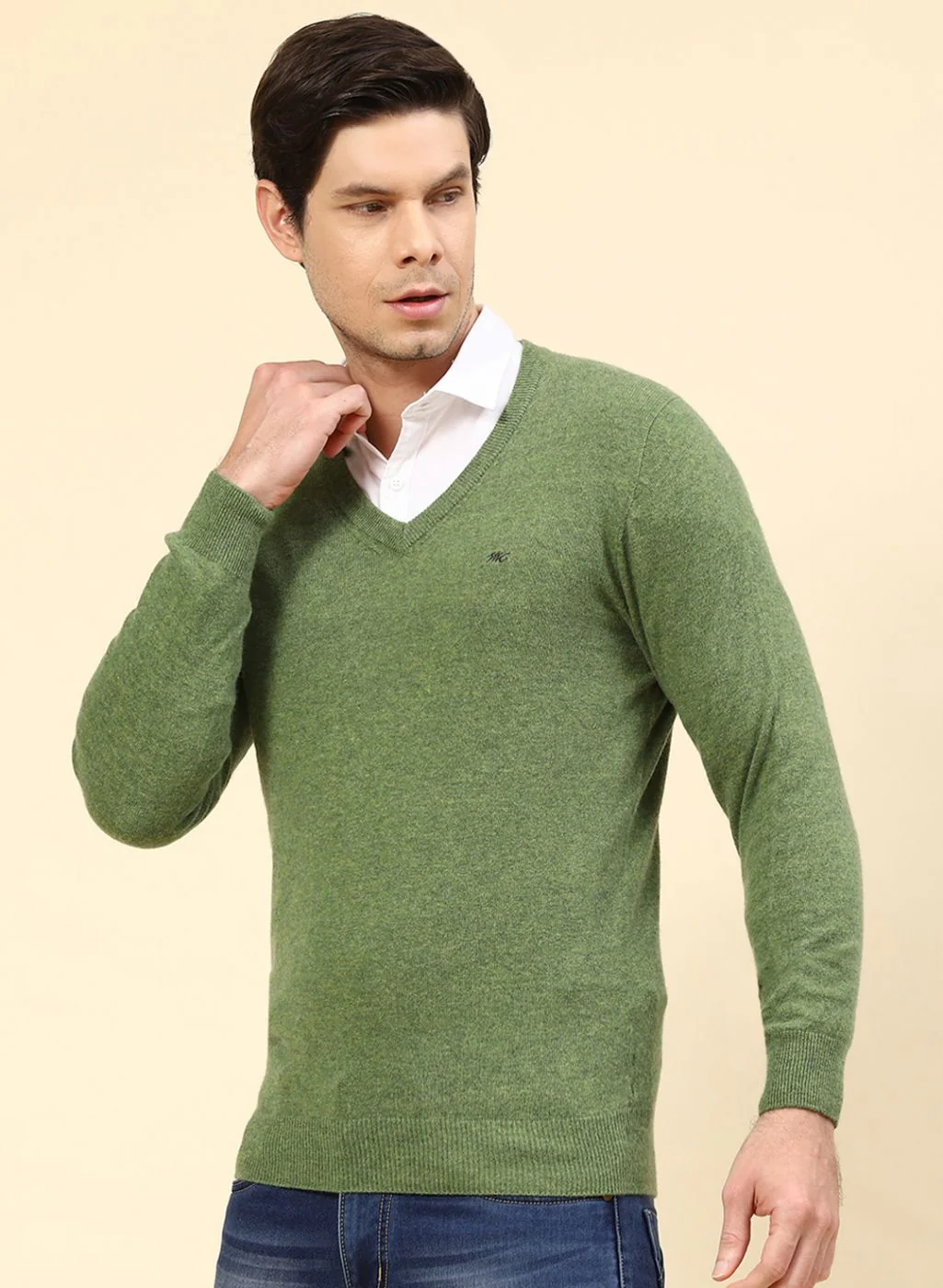 Men Green Solid Lamb wool Pullover - Image 3