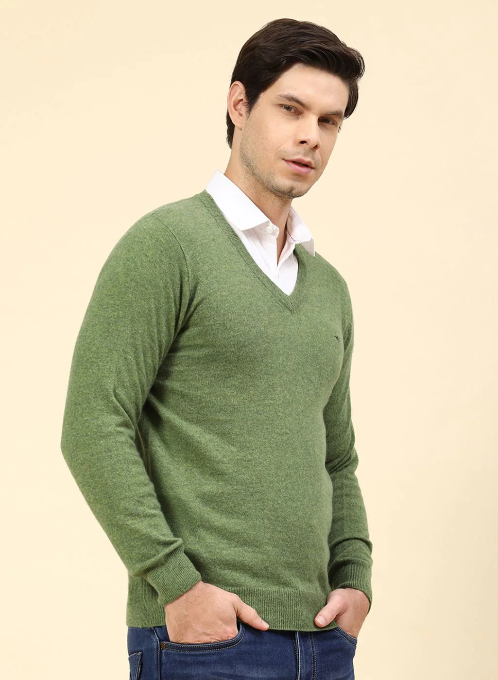Men Green Solid Lamb wool Pullover - Image 4