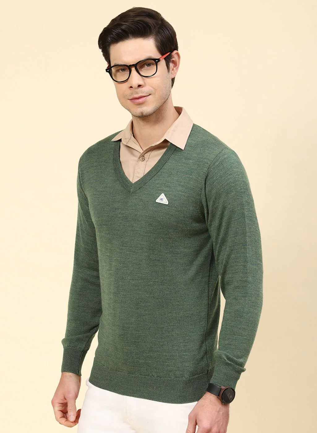 Men Green Solid Pure wool Pullover - Image 3