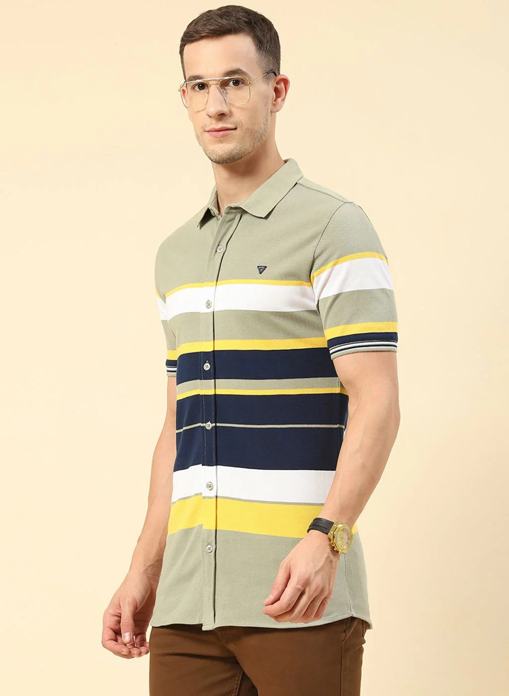 Men Green Stripe Knitted Shirt - Image 2