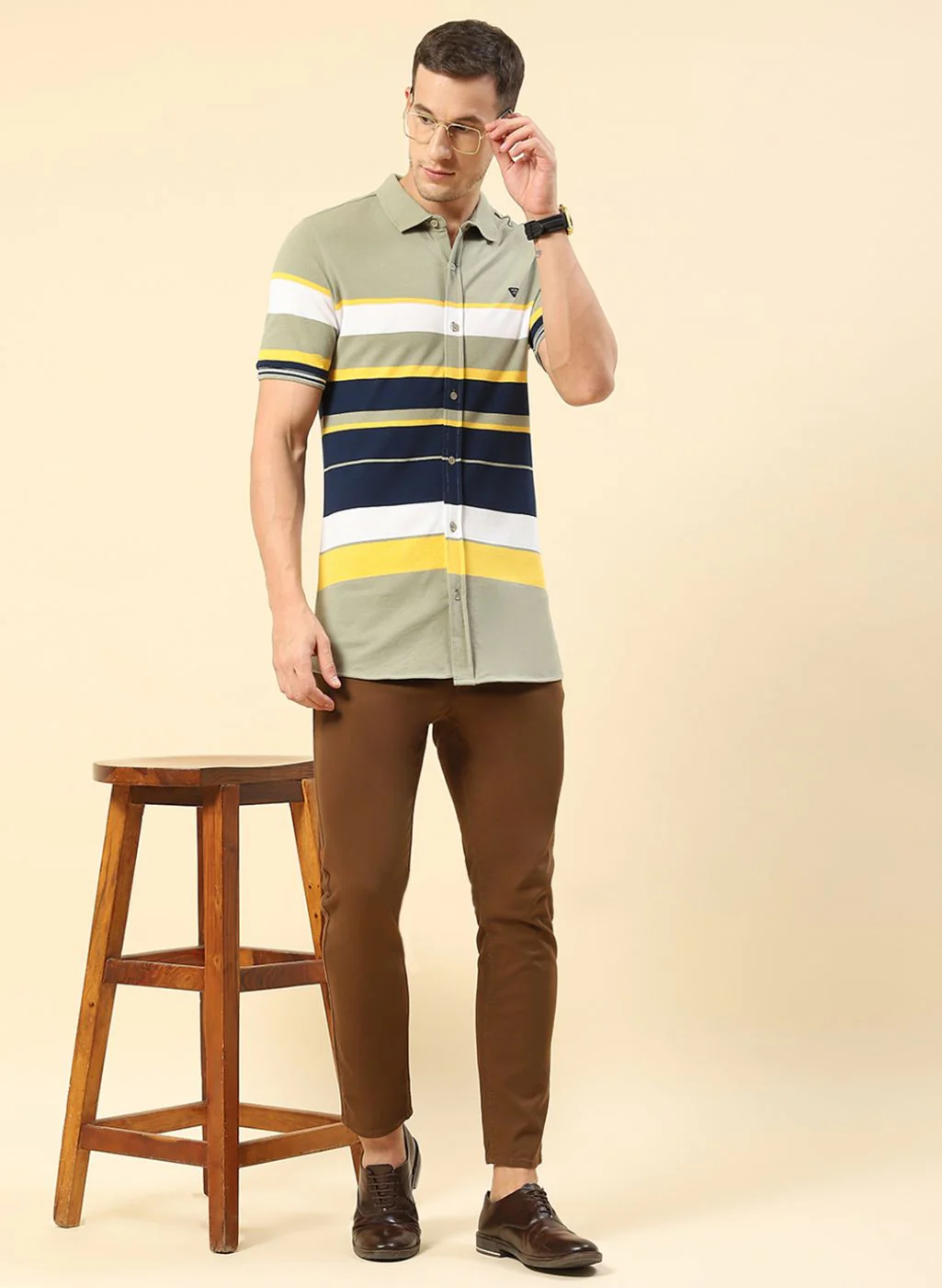 Men Green Stripe Knitted Shirt - Image 5