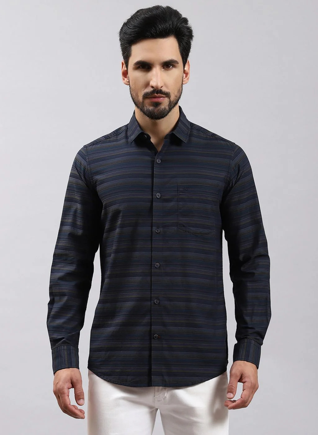 Men Green Stripe Pure Cotton Shirt - Image 2