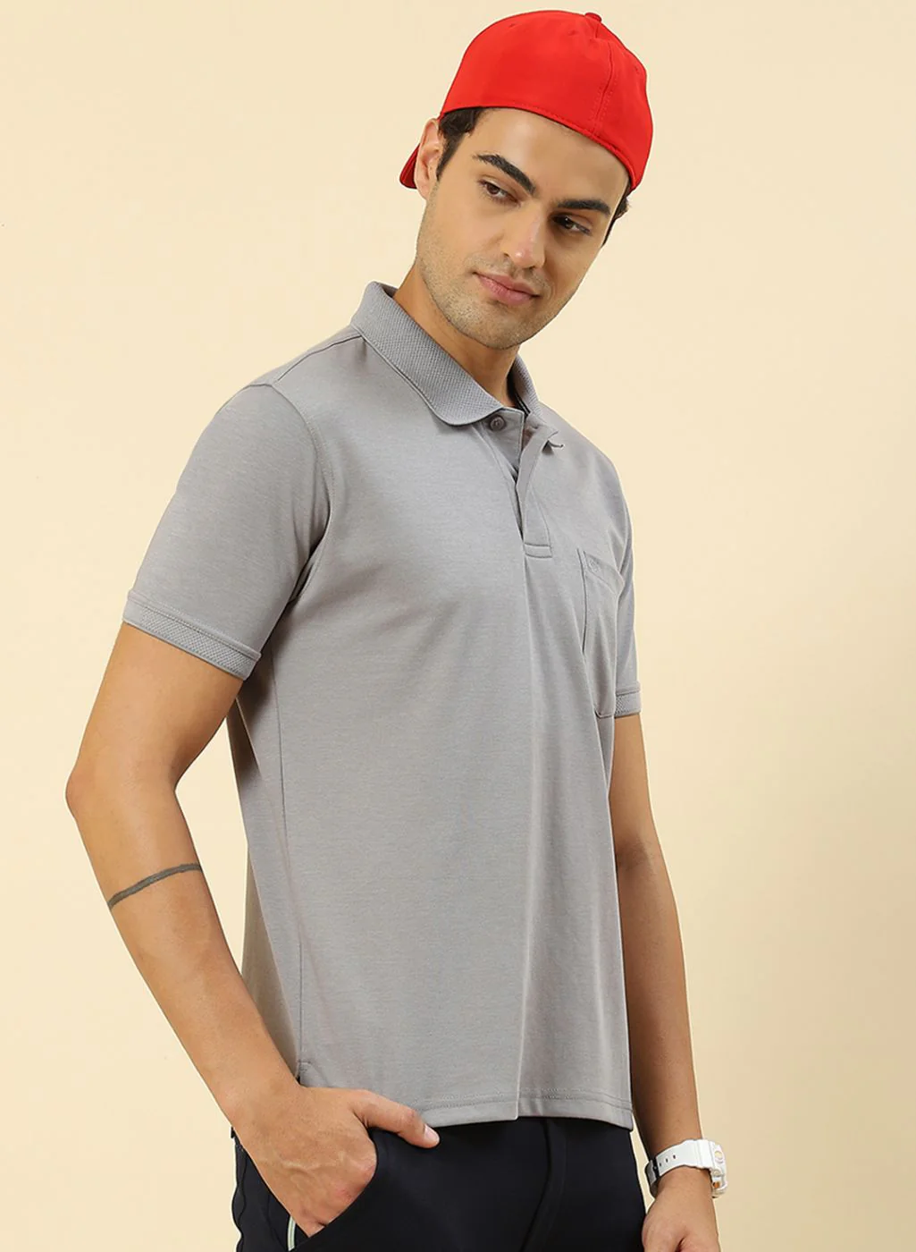Men Grey Plain T-Shirt - Image 4