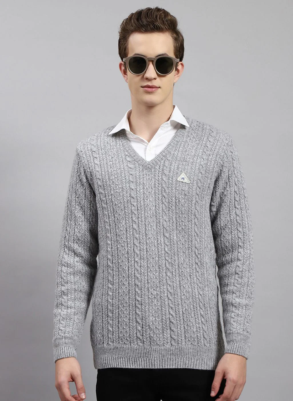 Men Grey Self Design Lamb wool Pullover - Image 2