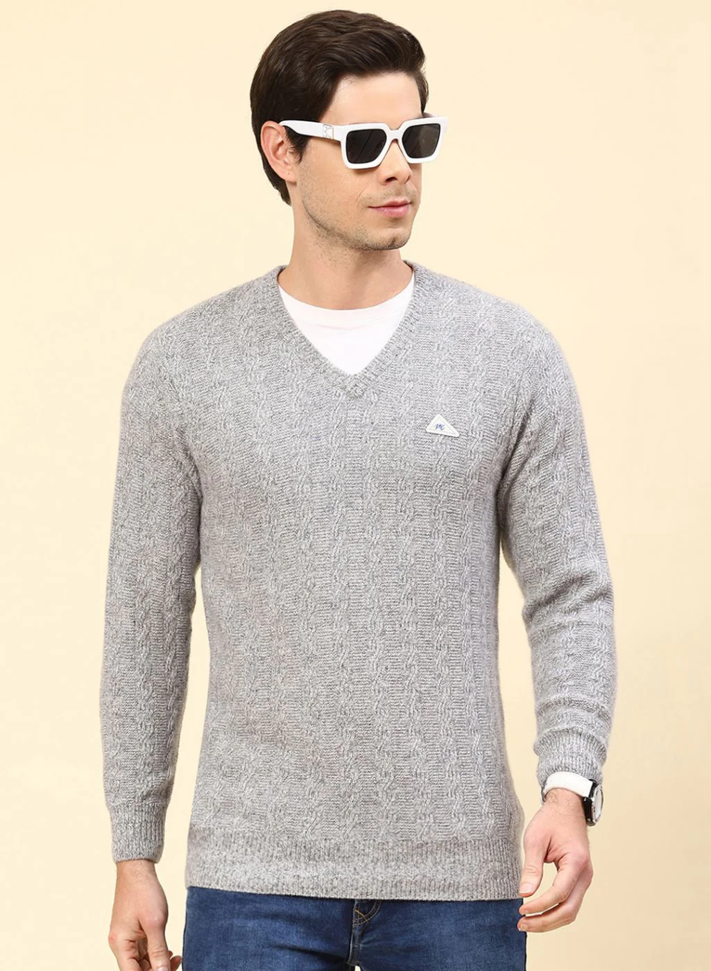 Men Grey Self Design Lamb wool Pullover - Image 2