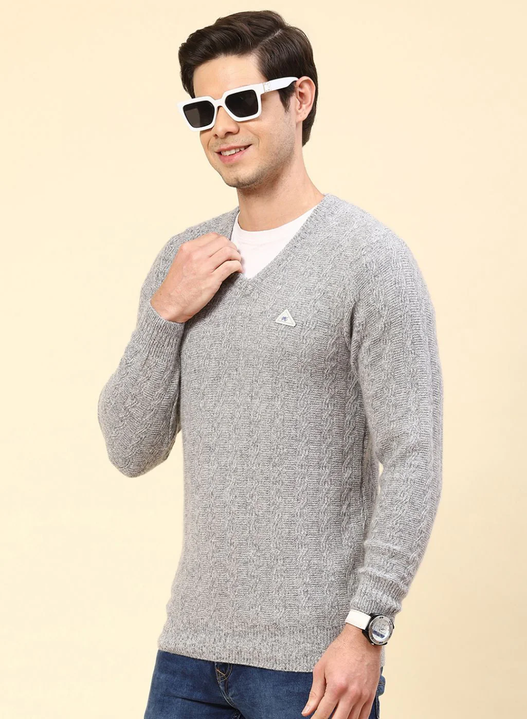 Men Grey Self Design Lamb wool Pullover - Image 3