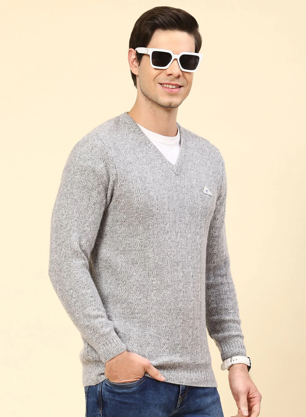 Men Grey Self Design Lamb wool Pullover - Image 4