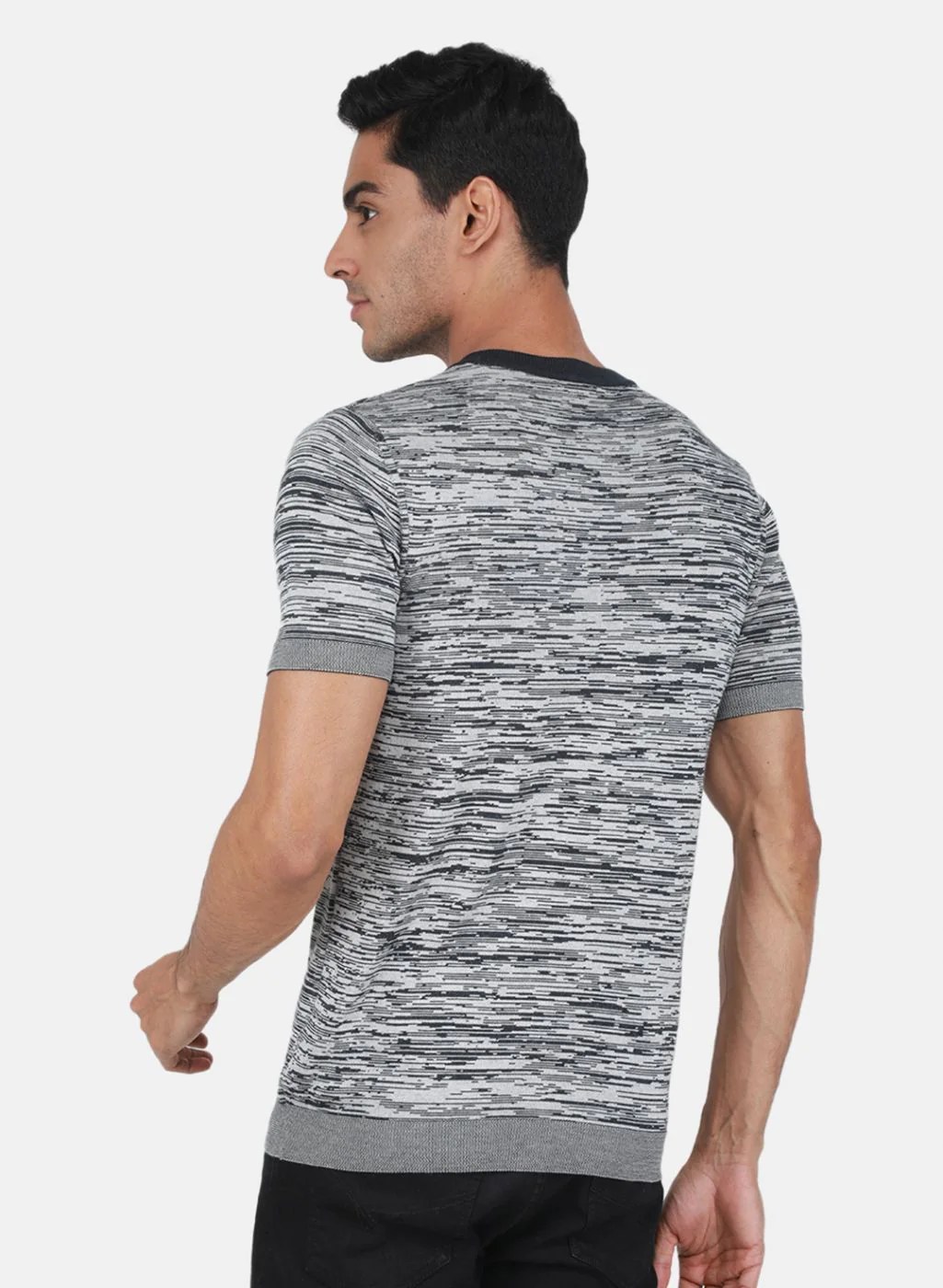Men Grey Self Design T-Shirt - Image 3