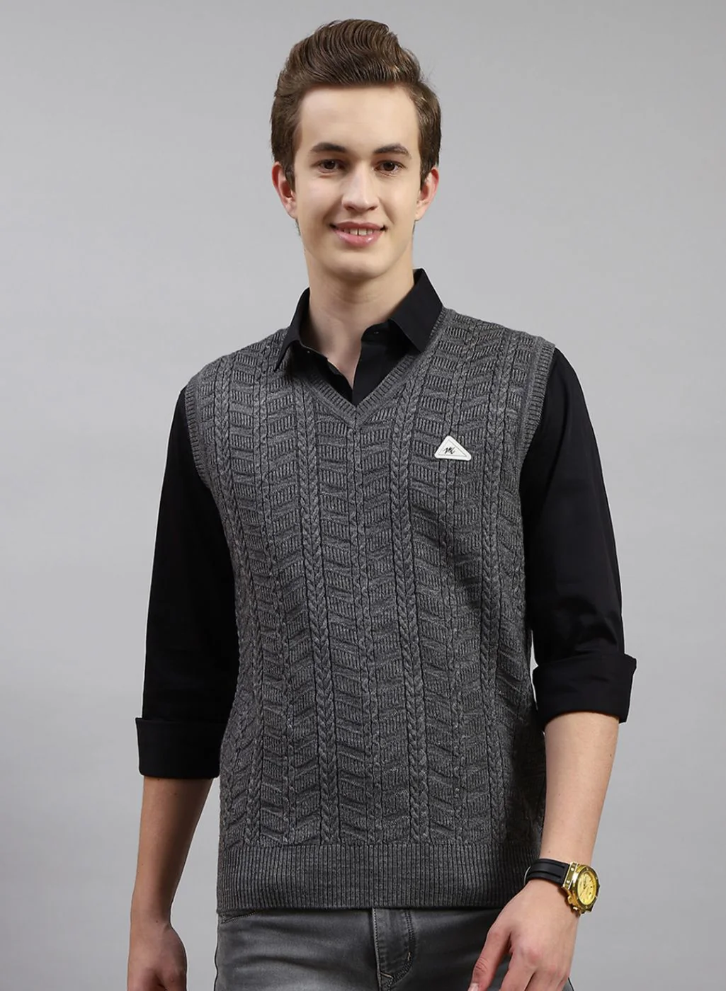 Men Grey Self Design Wool blend Sweater - Image 2