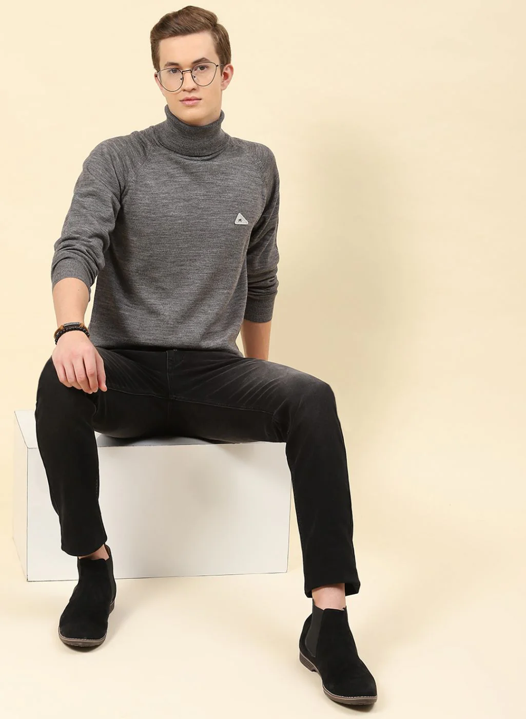 Men Grey Solid Blend wool Pullover - Image 2