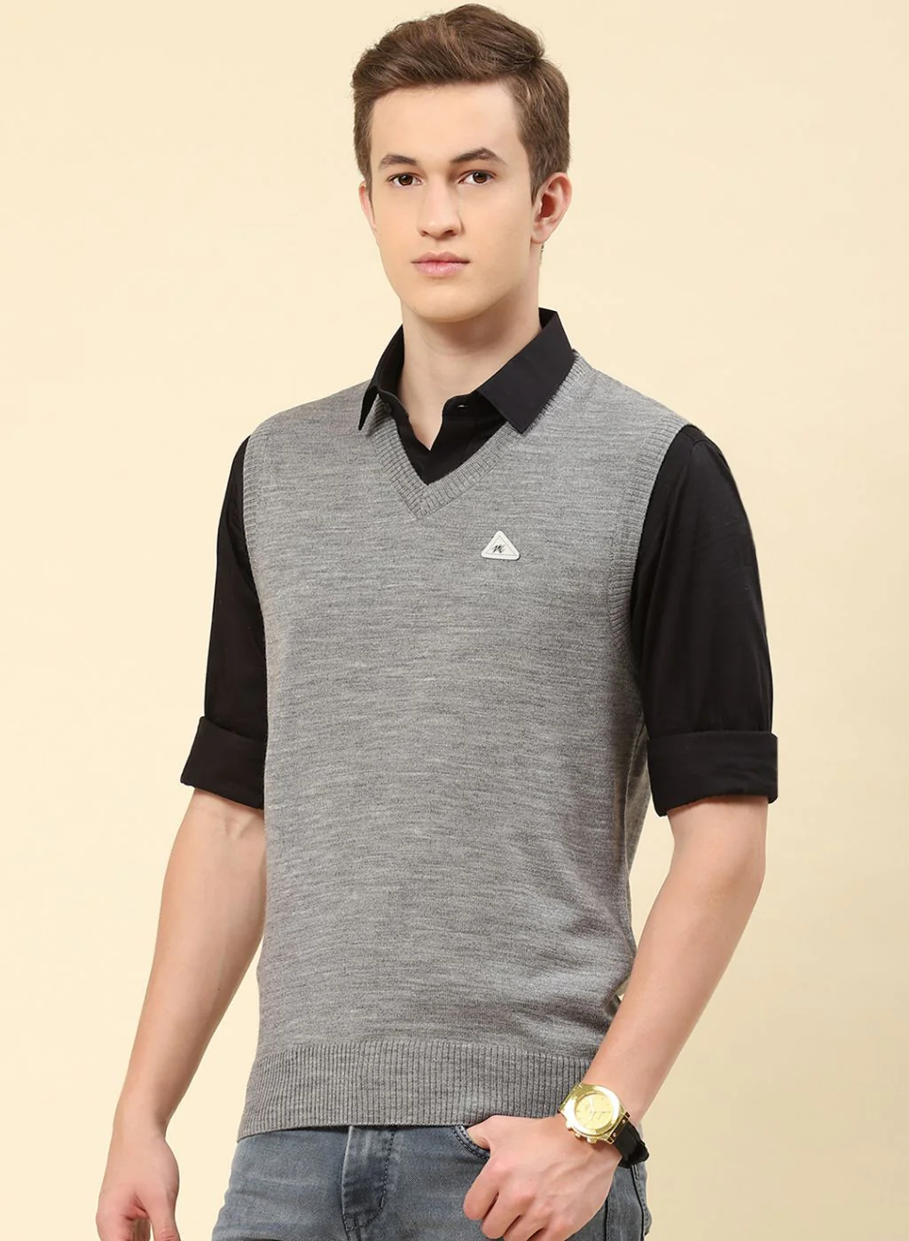 Men Grey Solid Blend wool Sweater - Image 3