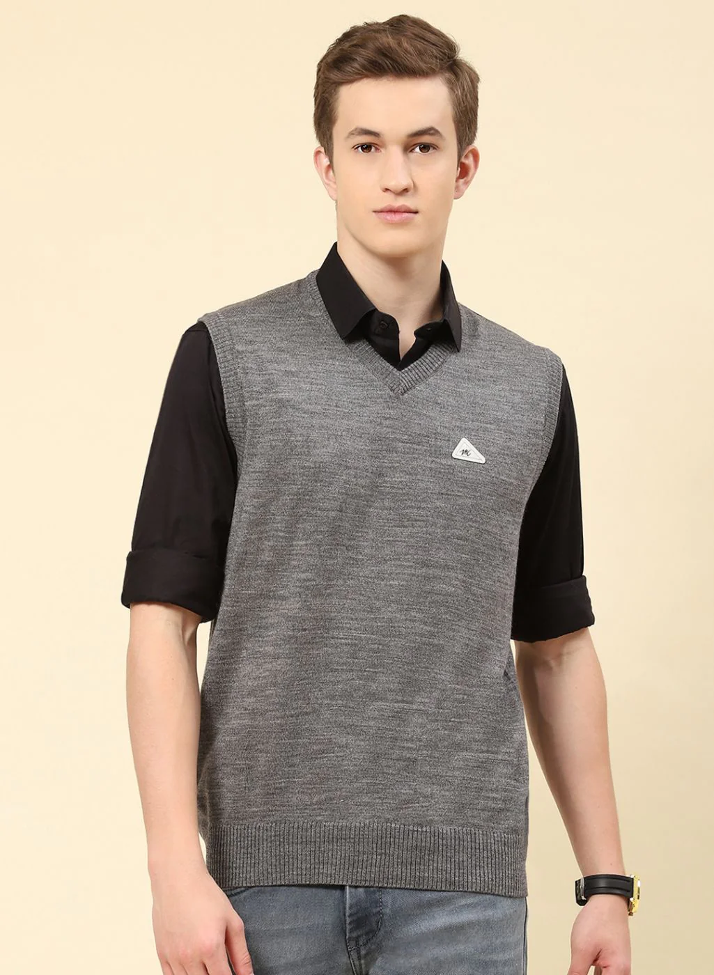 Men Grey Solid Blend wool Sweater - Image 2