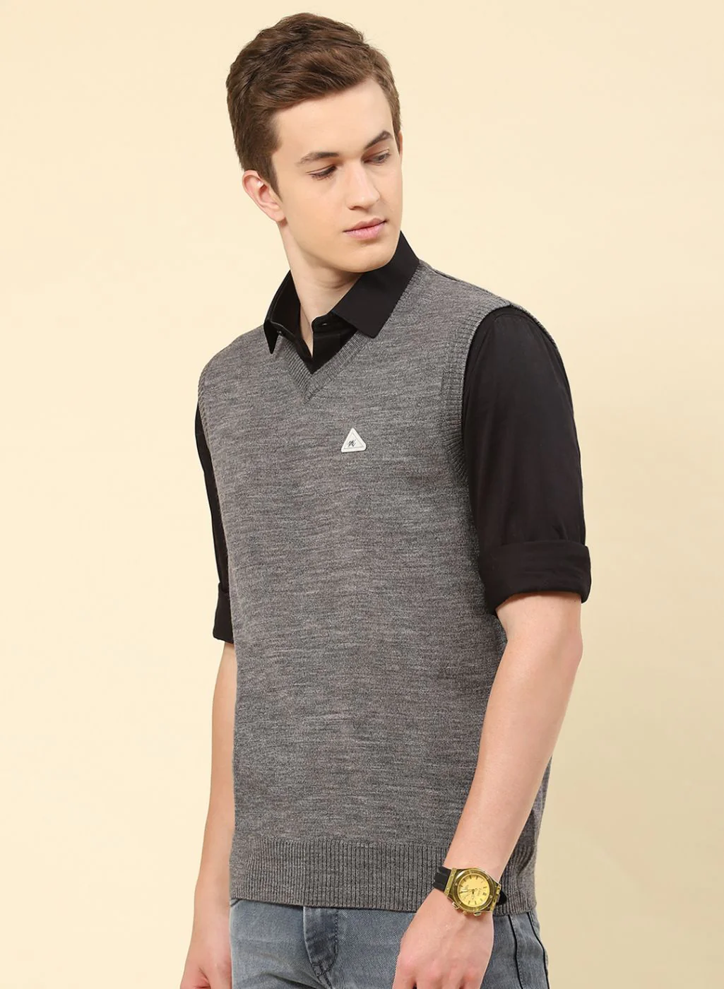 Men Grey Solid Blend wool Sweater - Image 3