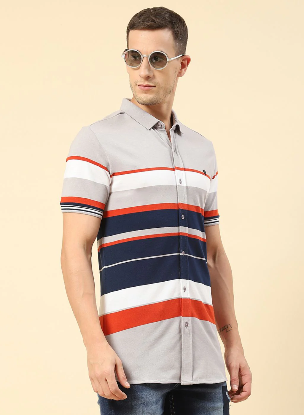 Men Grey Stripe Knitted Shirt - Image 3