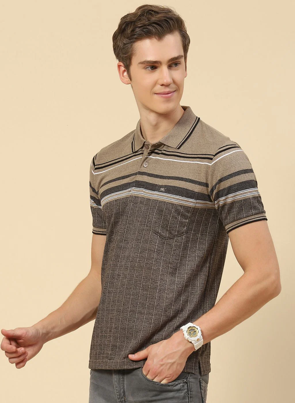 Men Khaki Stripe T-Shirt - Image 2