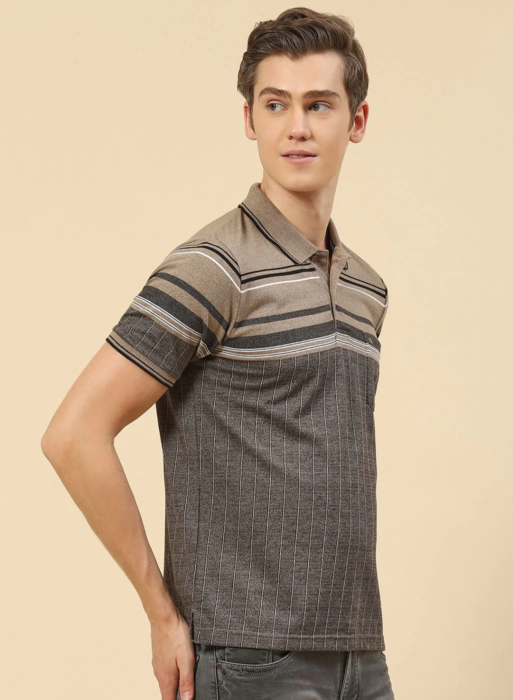 Men Khaki Stripe T-Shirt - Image 3