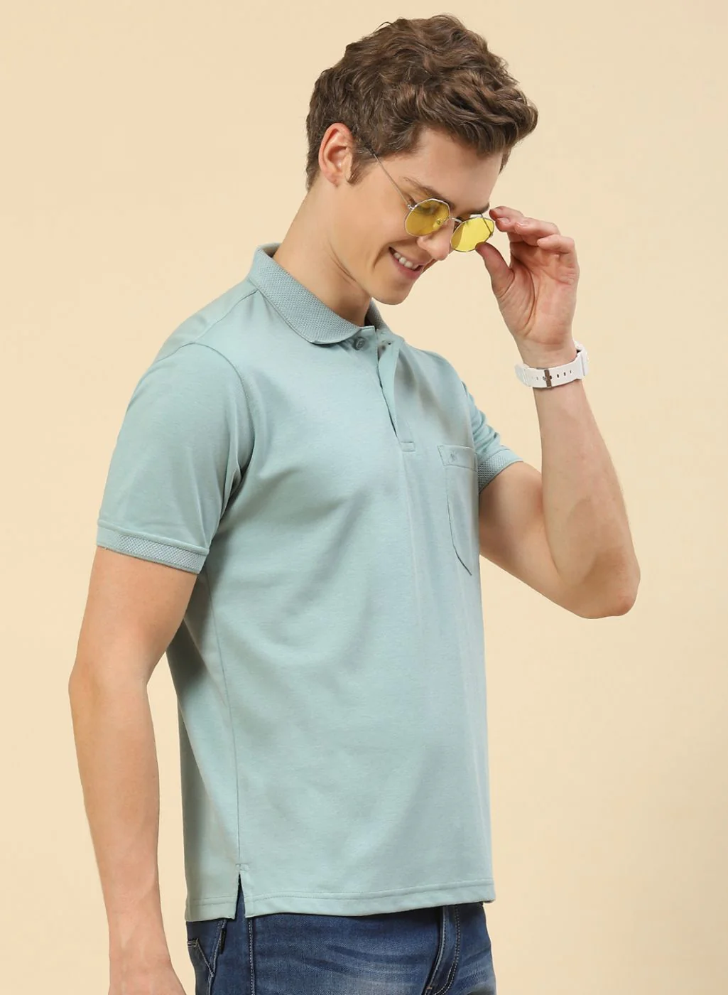 Men Light Blue Plain T-Shirt - Image 4