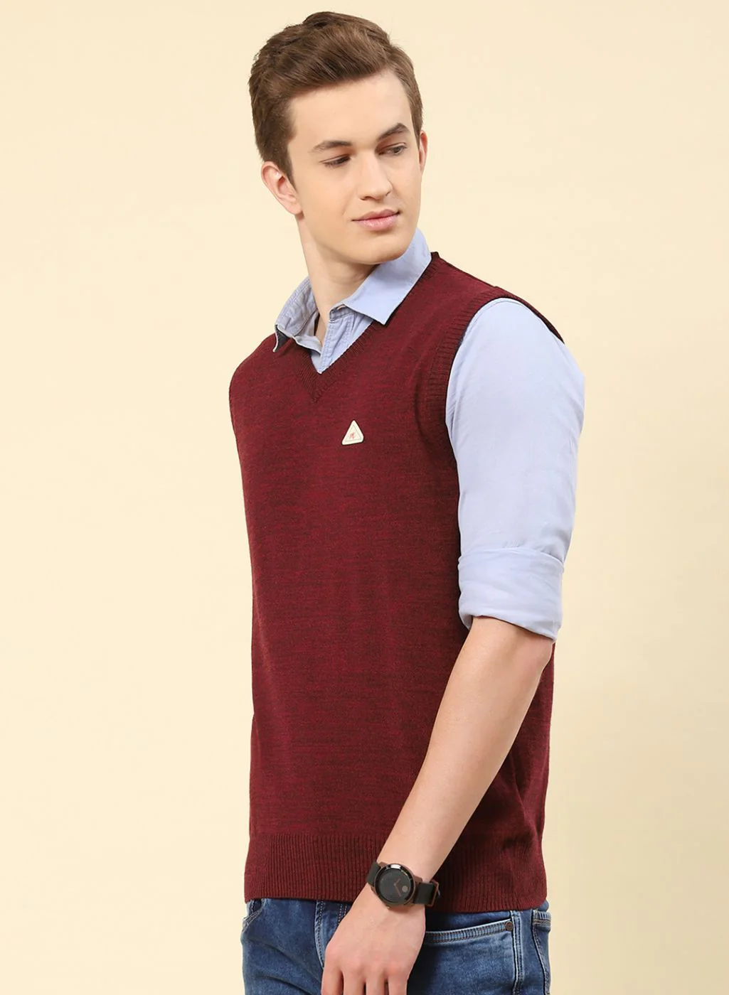 Men Maroon Solid Blend wool Sweater - Image 3