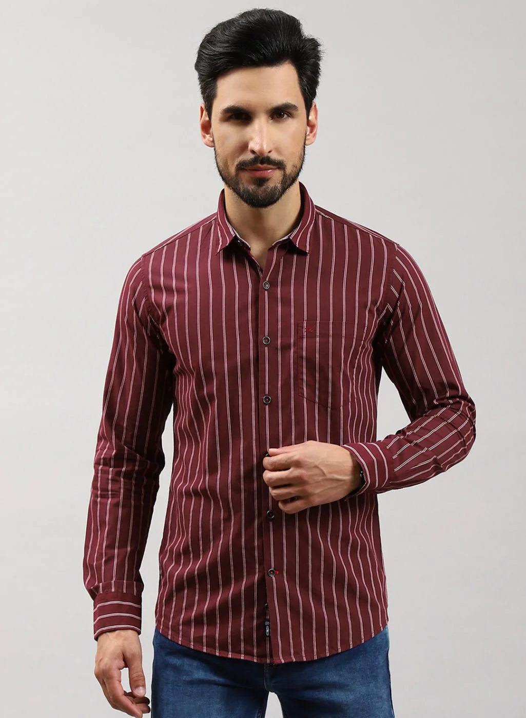 Men Maroon Stripe Pure Cotton Shirt - Image 2
