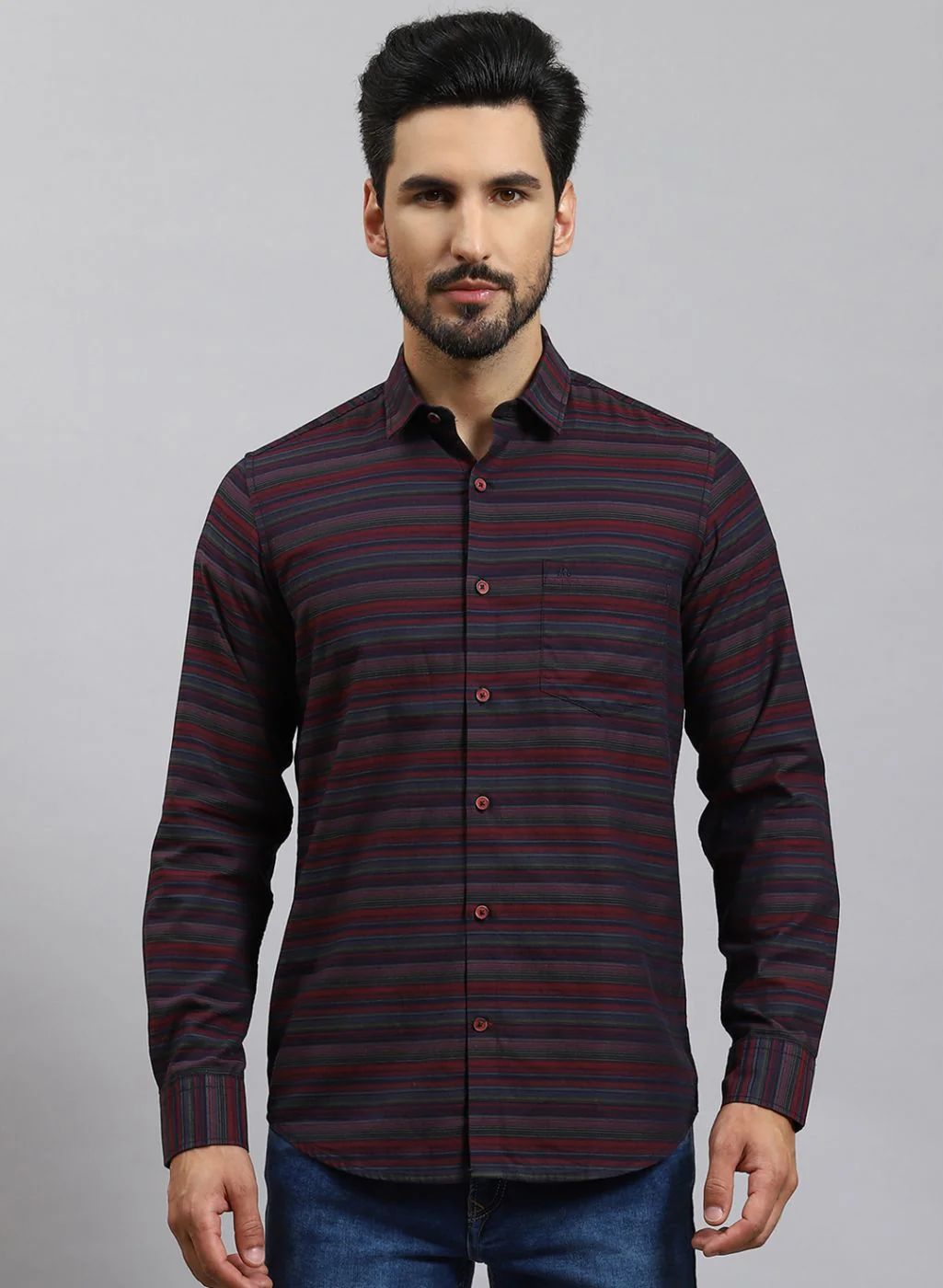Men Maroon Stripe Pure Cotton Shirt - Image 2
