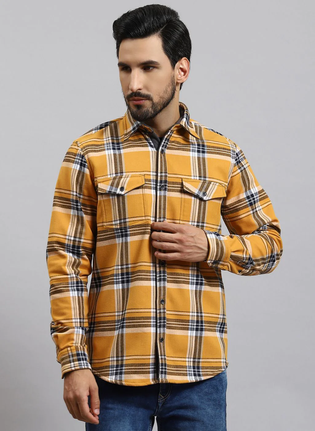 Men Mustard Check Cotton Blend Shirt - Image 3