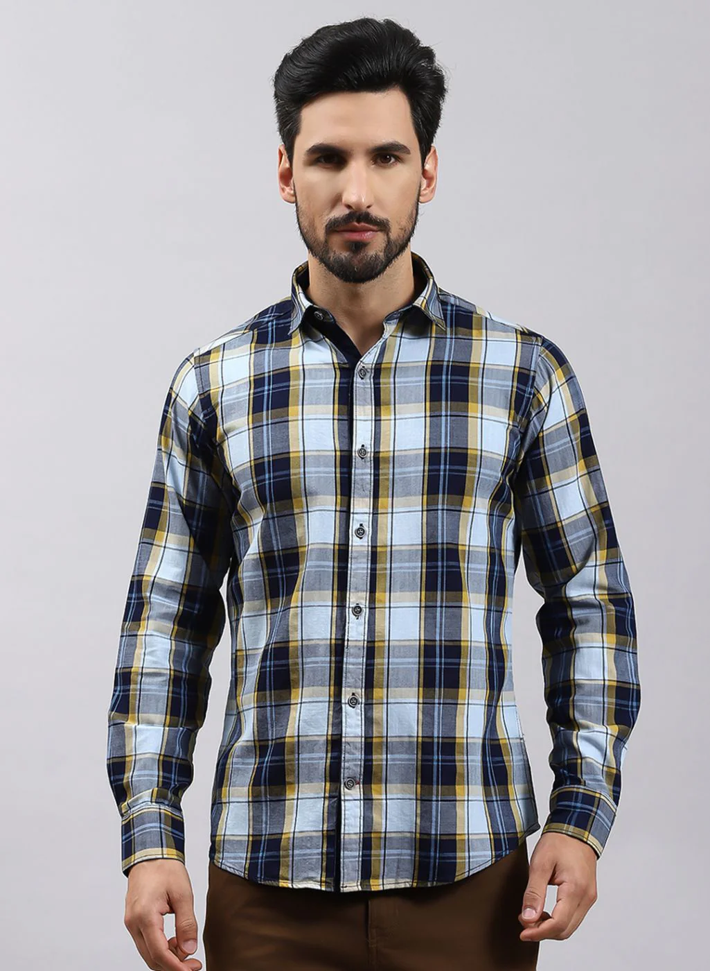 Men Mustard Check Pure Cotton Shirt - Image 2