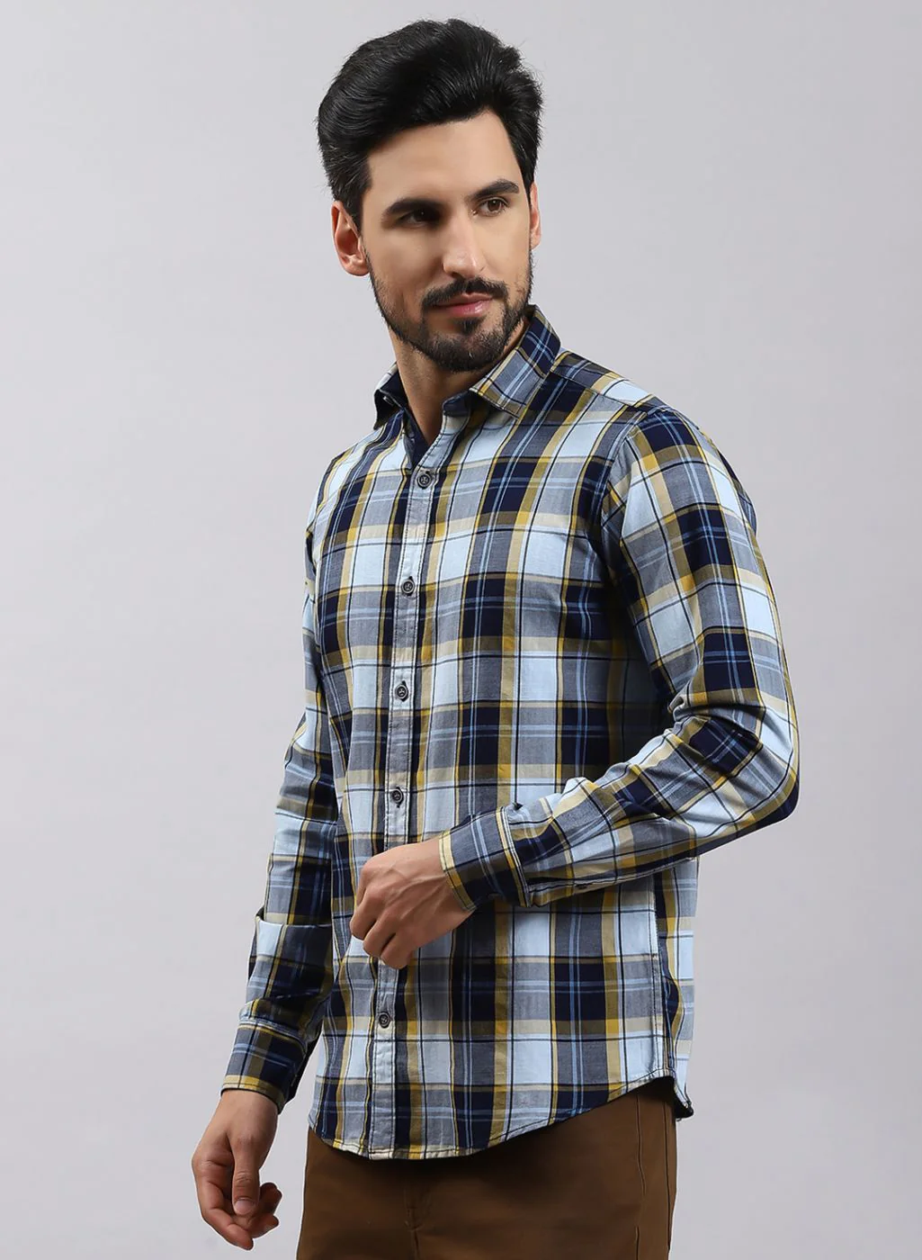 Men Mustard Check Pure Cotton Shirt - Image 3