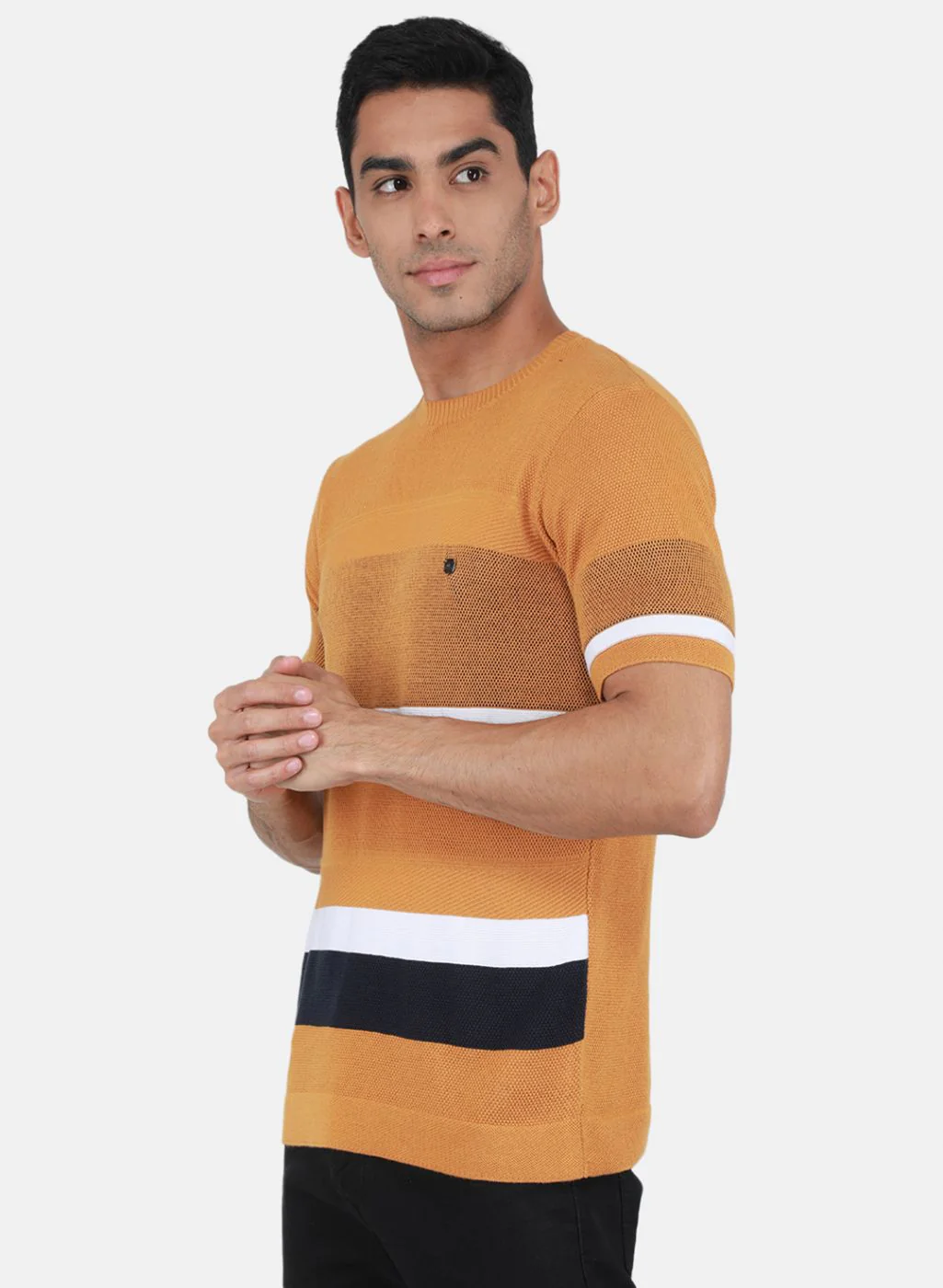 Men Mustard Self Design T-Shirt - Image 2