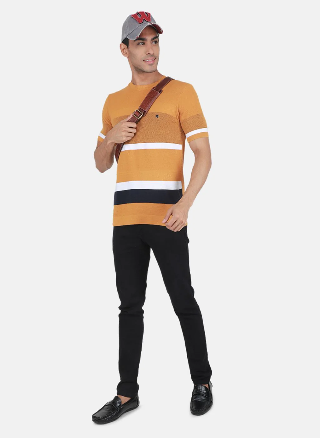 Men Mustard Self Design T-Shirt - Image 4