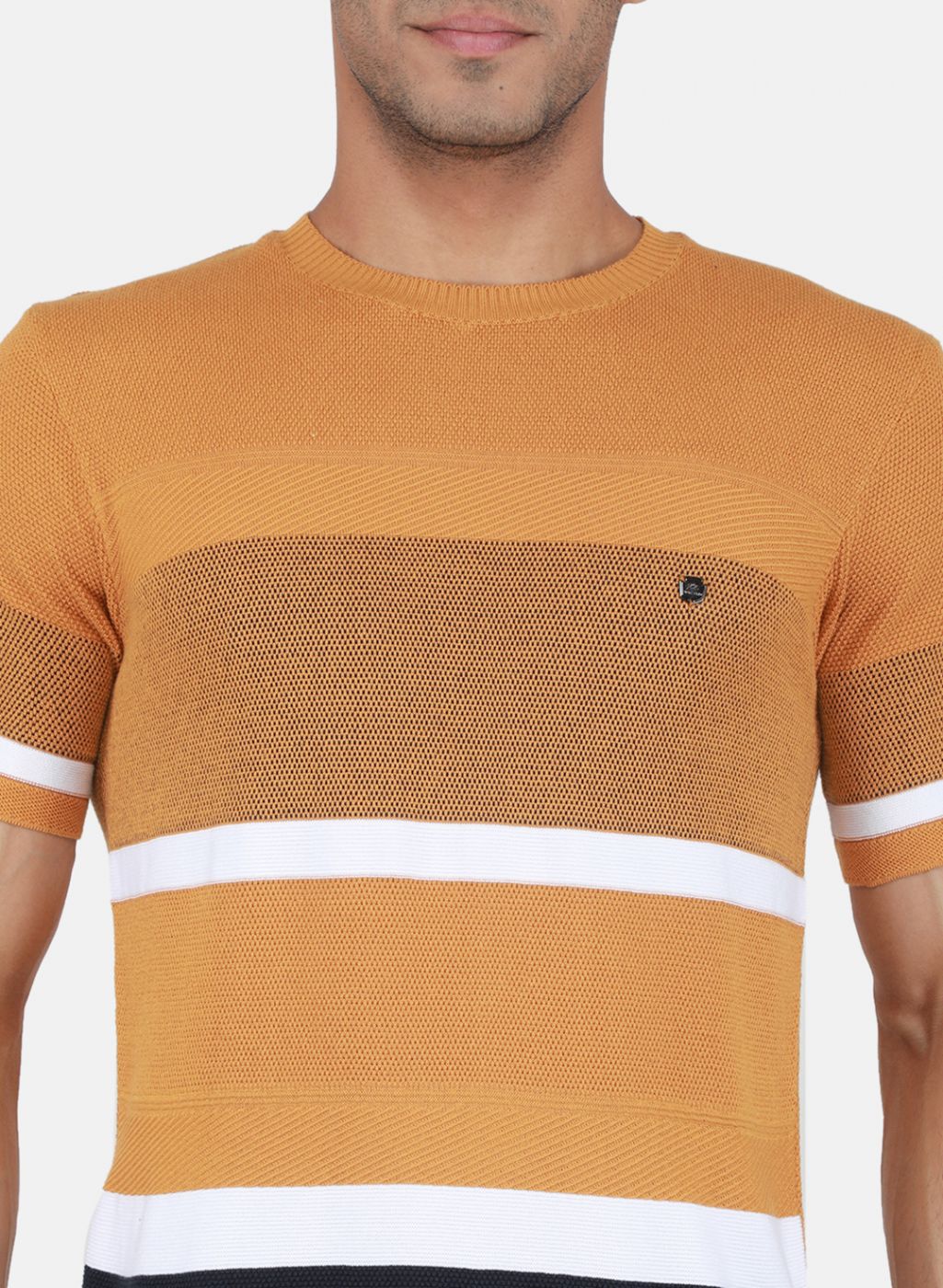 Men Mustard Self Design T-Shirt - Image 5