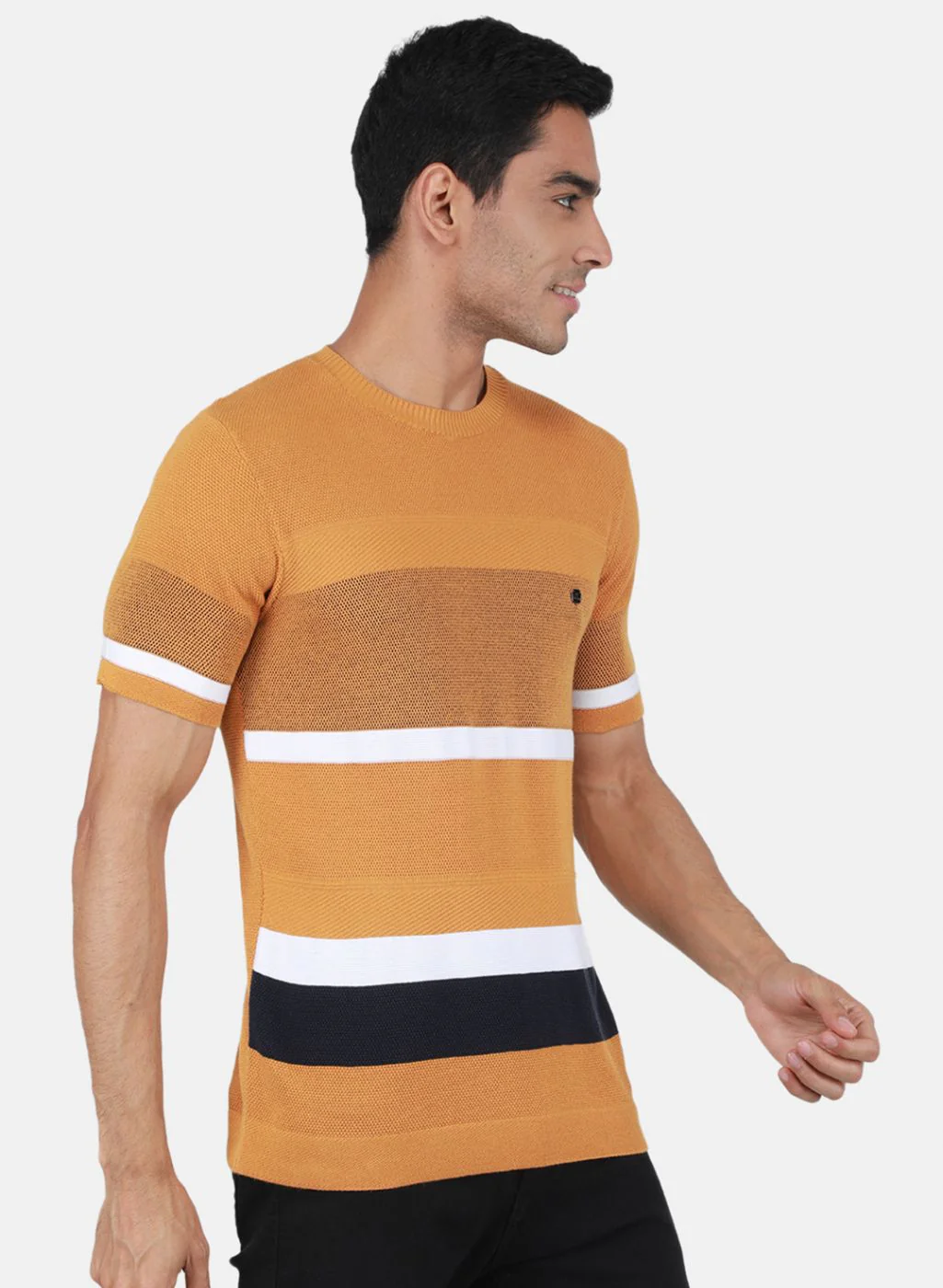 Men Mustard Self Design T-Shirt - Image 6