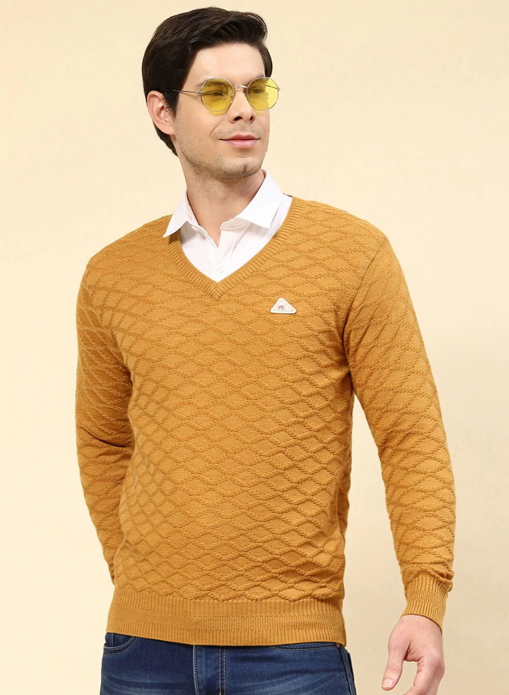 Men Mustard Self Design Wool blend Pullover - Image 2