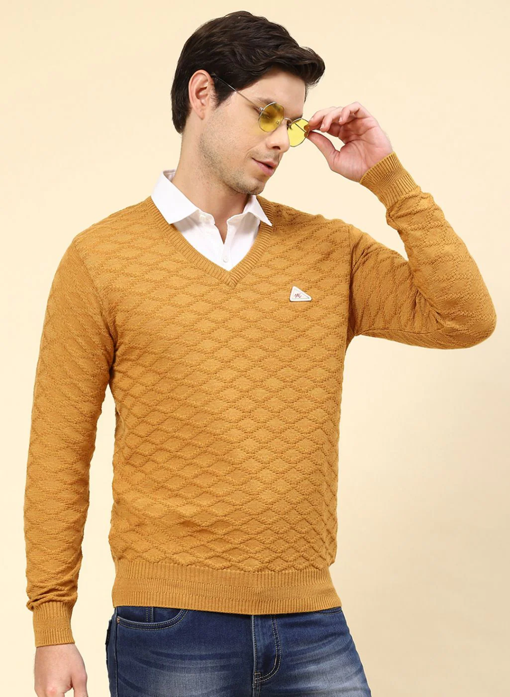 Men Mustard Self Design Wool blend Pullover - Image 4