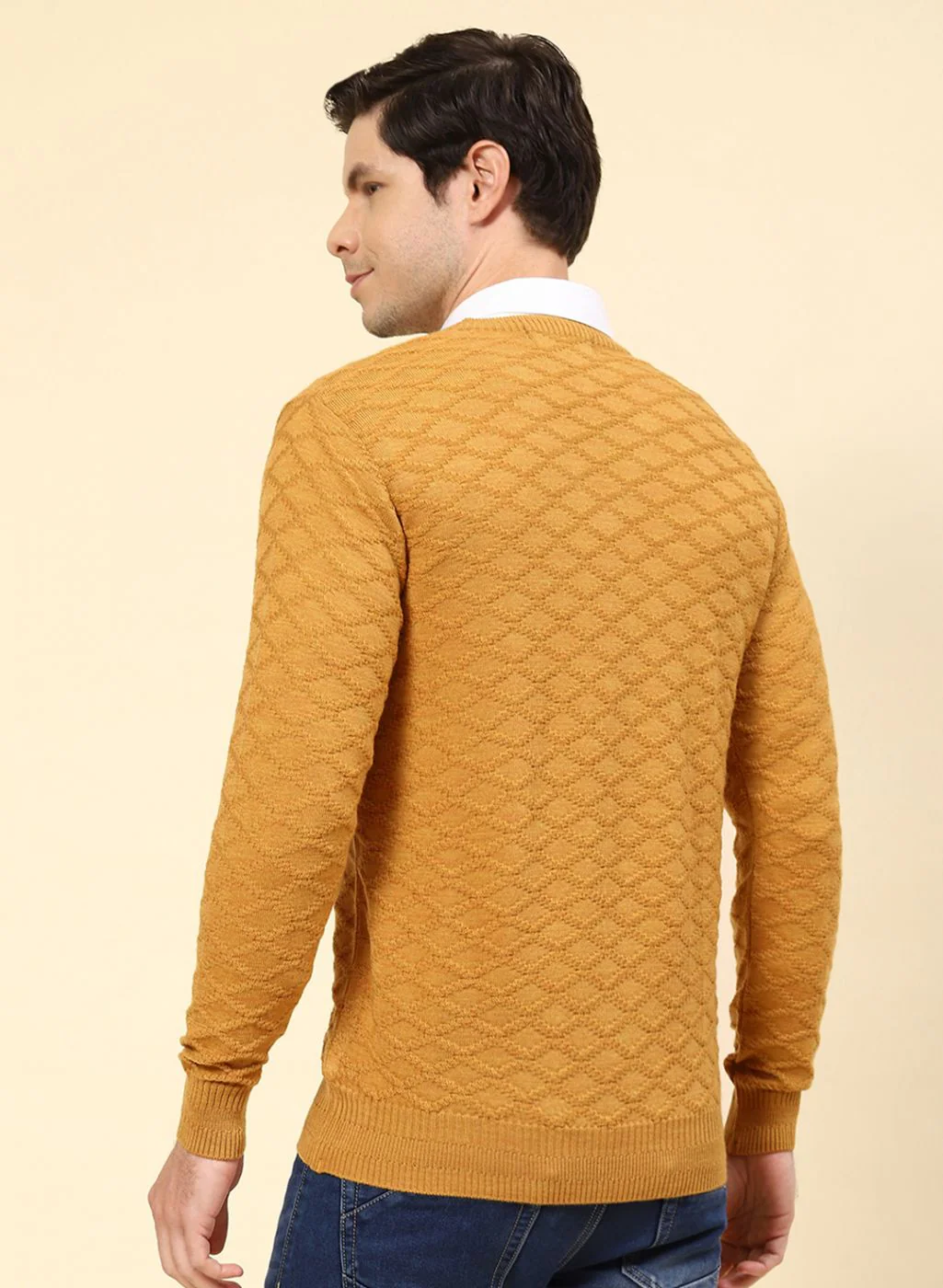Men Mustard Self Design Wool blend Pullover - Image 5