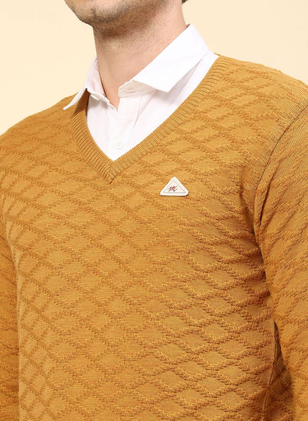 Men Mustard Self Design Wool blend Pullover - Image 6