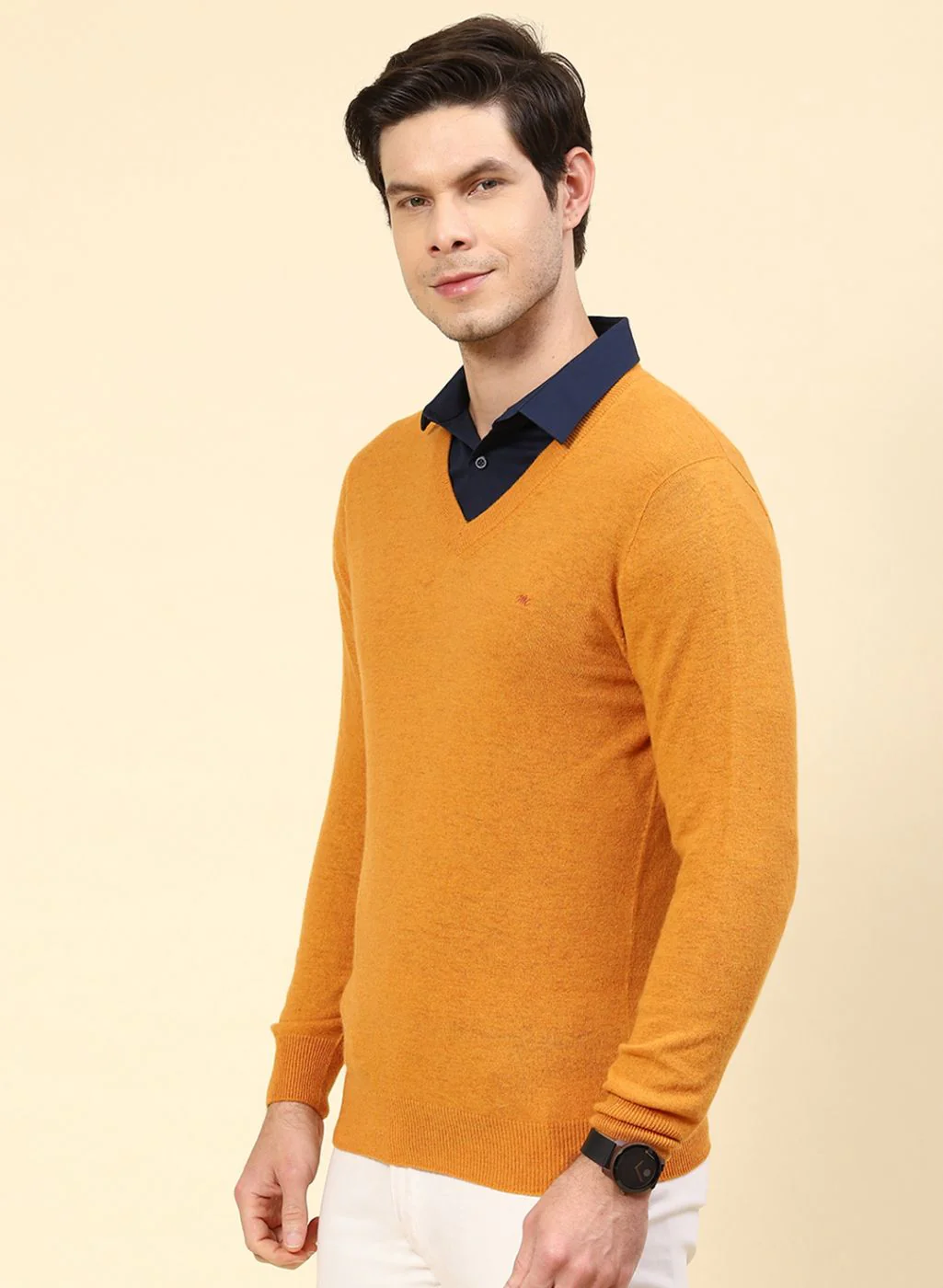 Men Mustard Solid Lamb wool Pullover - Image 3