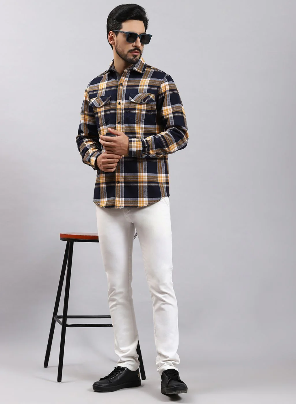 Men NAvy Blue Check Cotton Blend Shirt - Image 2