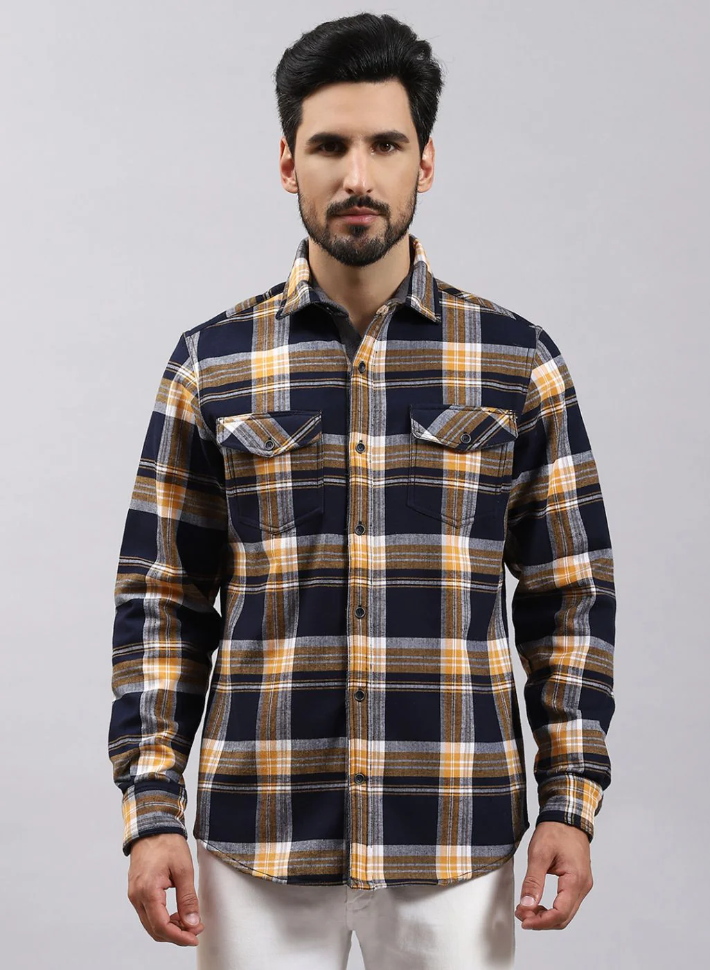 Men NAvy Blue Check Cotton Blend Shirt - Image 3