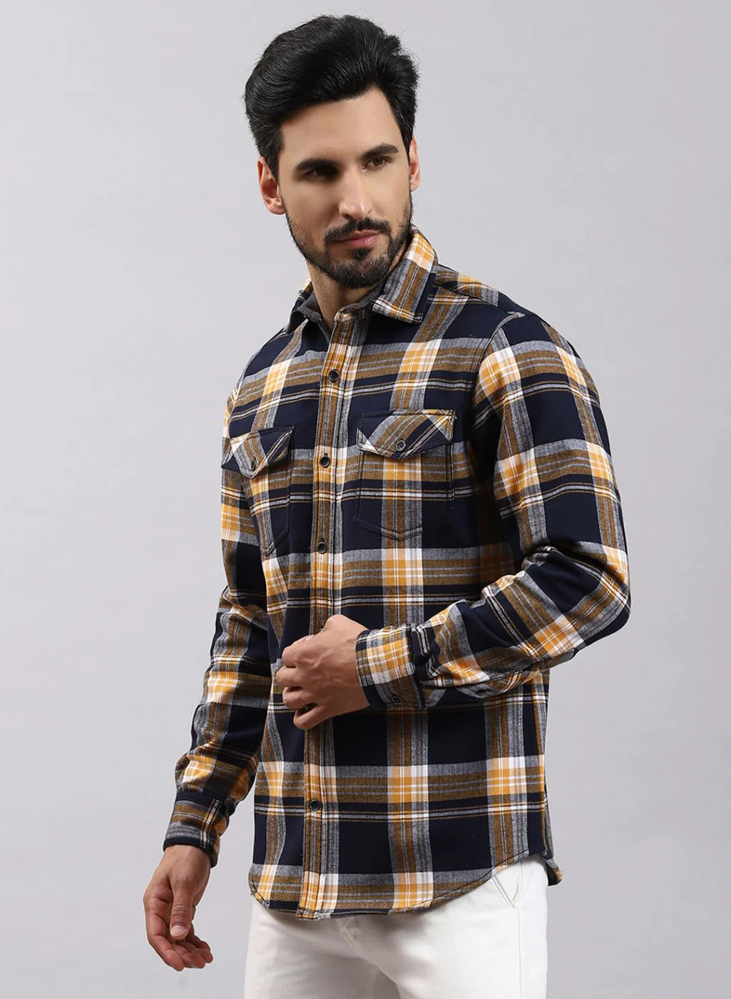 Men NAvy Blue Check Cotton Blend Shirt - Image 4