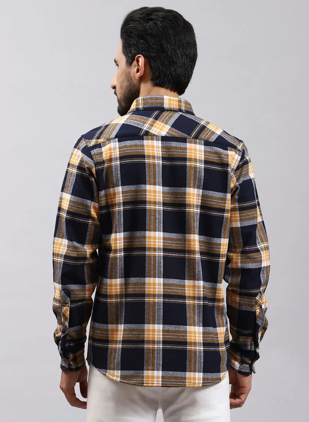 Men NAvy Blue Check Cotton Blend Shirt - Image 5