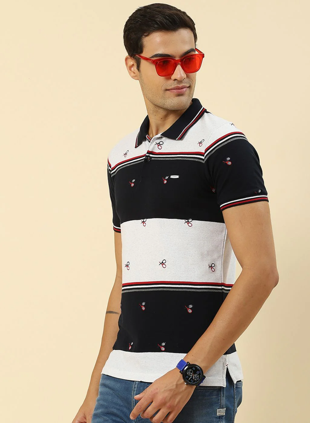Men NAvy Blue Jaquard T-Shirt - Image 2