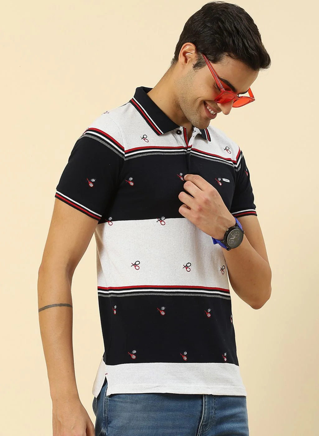 Men NAvy Blue Jaquard T-Shirt - Image 3