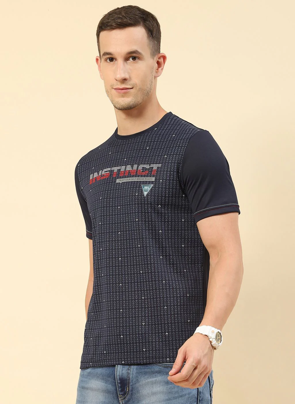 Men NAvy Blue Printed T-Shirt - Image 3