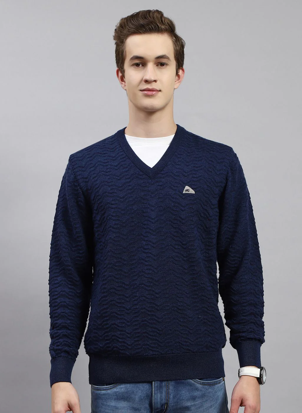 Men NAvy Blue Self Design Pure wool Pullover - Image 2