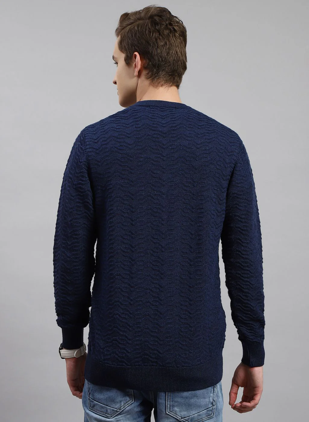 Men NAvy Blue Self Design Pure wool Pullover - Image 5